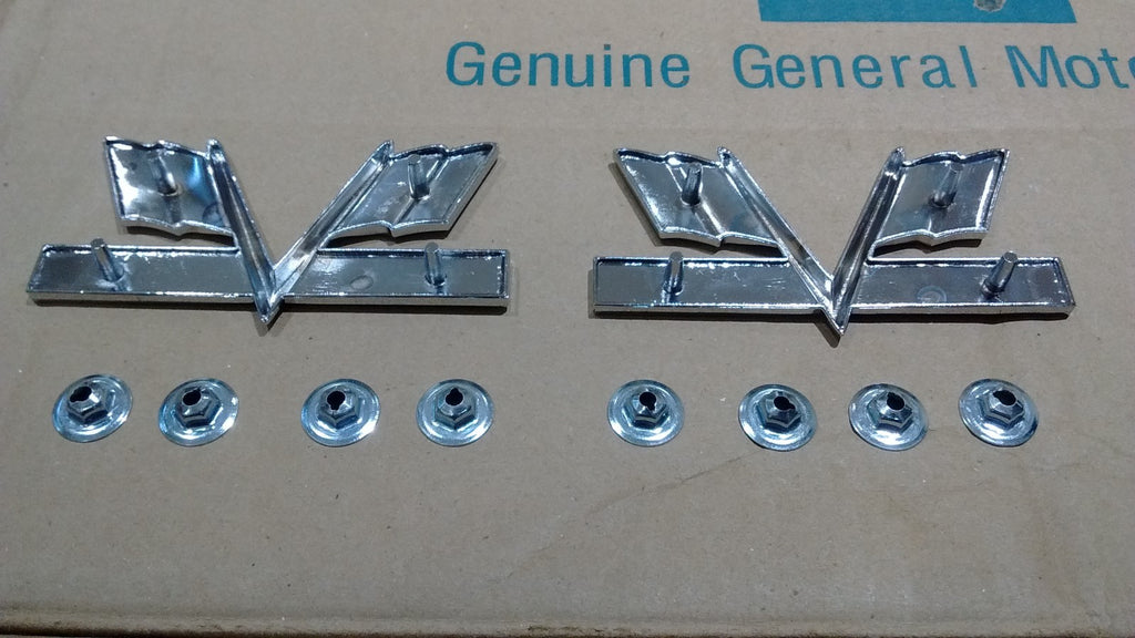 396 Turbo-Jet V-Flag Fender Emblem pair 65-67 Chevy Chevelle Camaro Impala