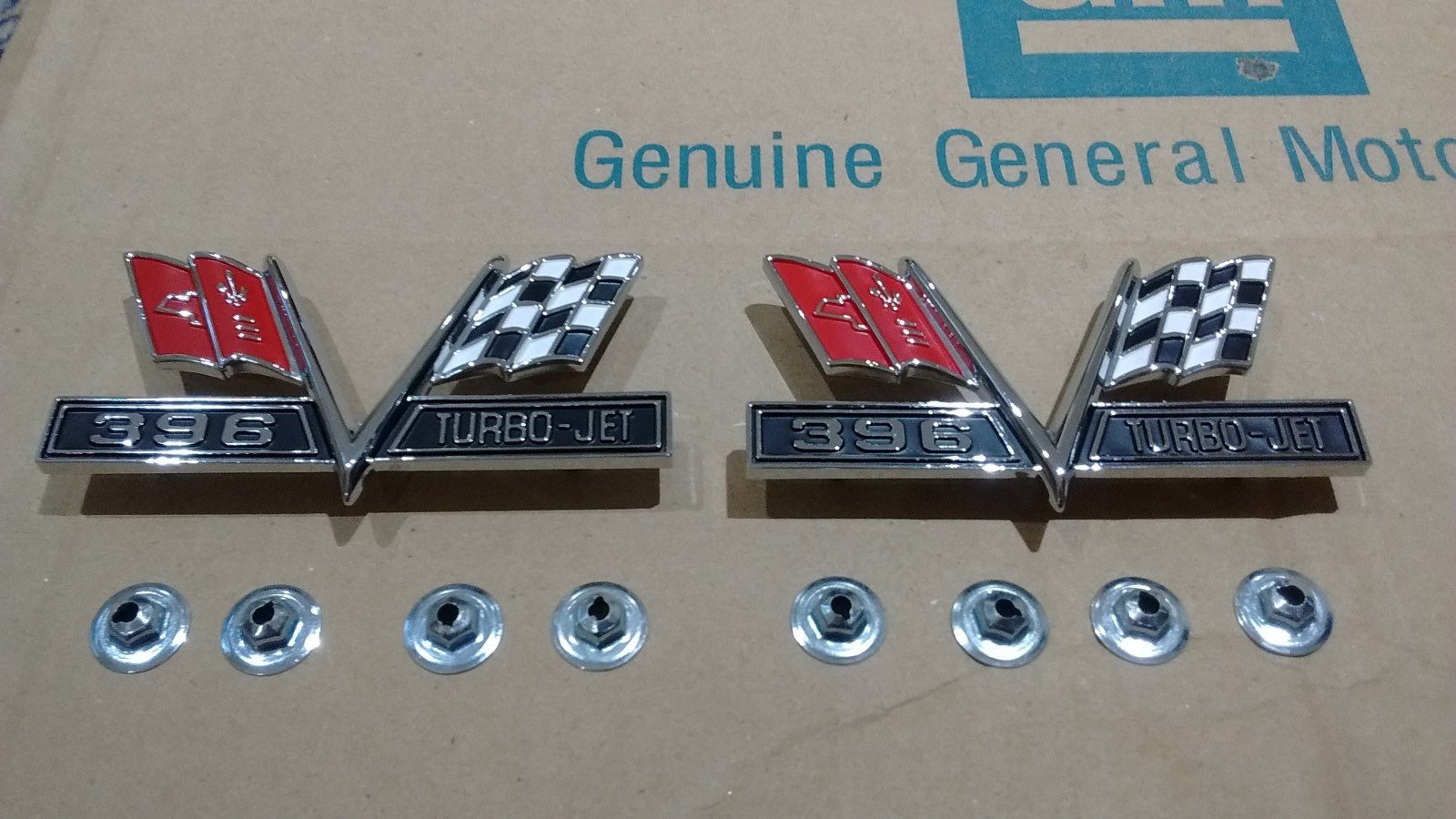 396 Turbo-Jet V-Flag Fender Emblem pair 65-67 Chevy Chevelle Camaro Impala