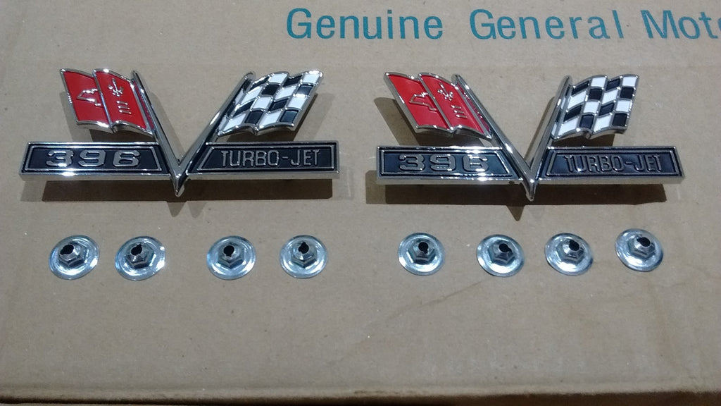 396 Turbo-Jet V-Flag Fender Emblem pair 65-67 Chevy Chevelle Camaro Impala